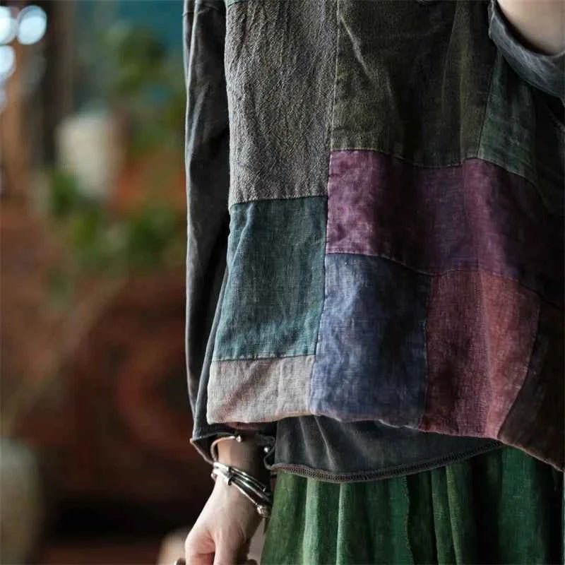 women_fashion - littlescollectionblouseVintage Patchwork Cotton Linen High Collar Top Womenboho top