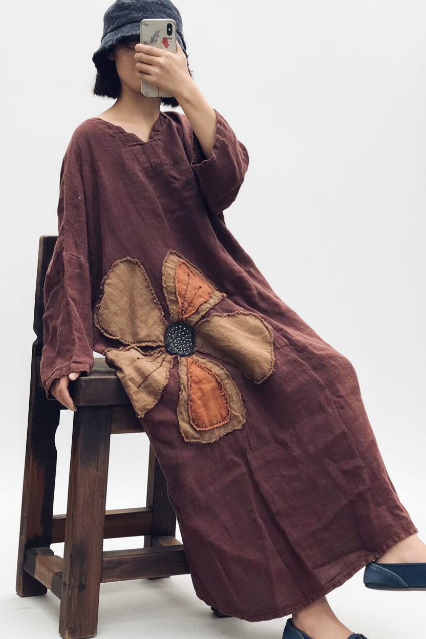 women_fashion - littlescollectionDressLinen V - Neck Floral Applique Midi Dress Womenfloral applique dress