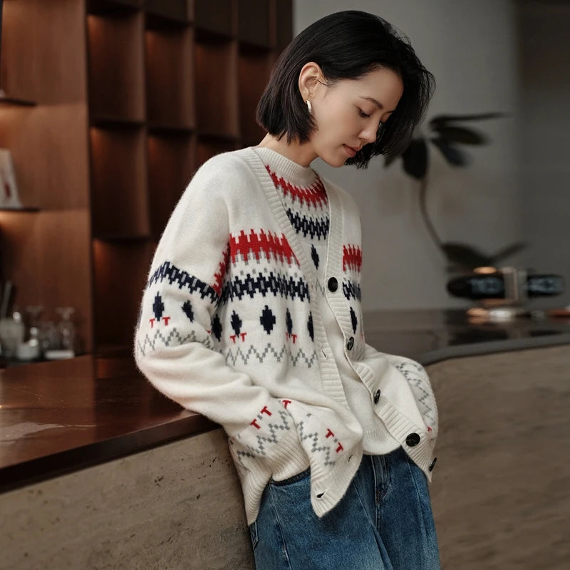 Cashmere V-Neck Fair Isle Cardigan Women