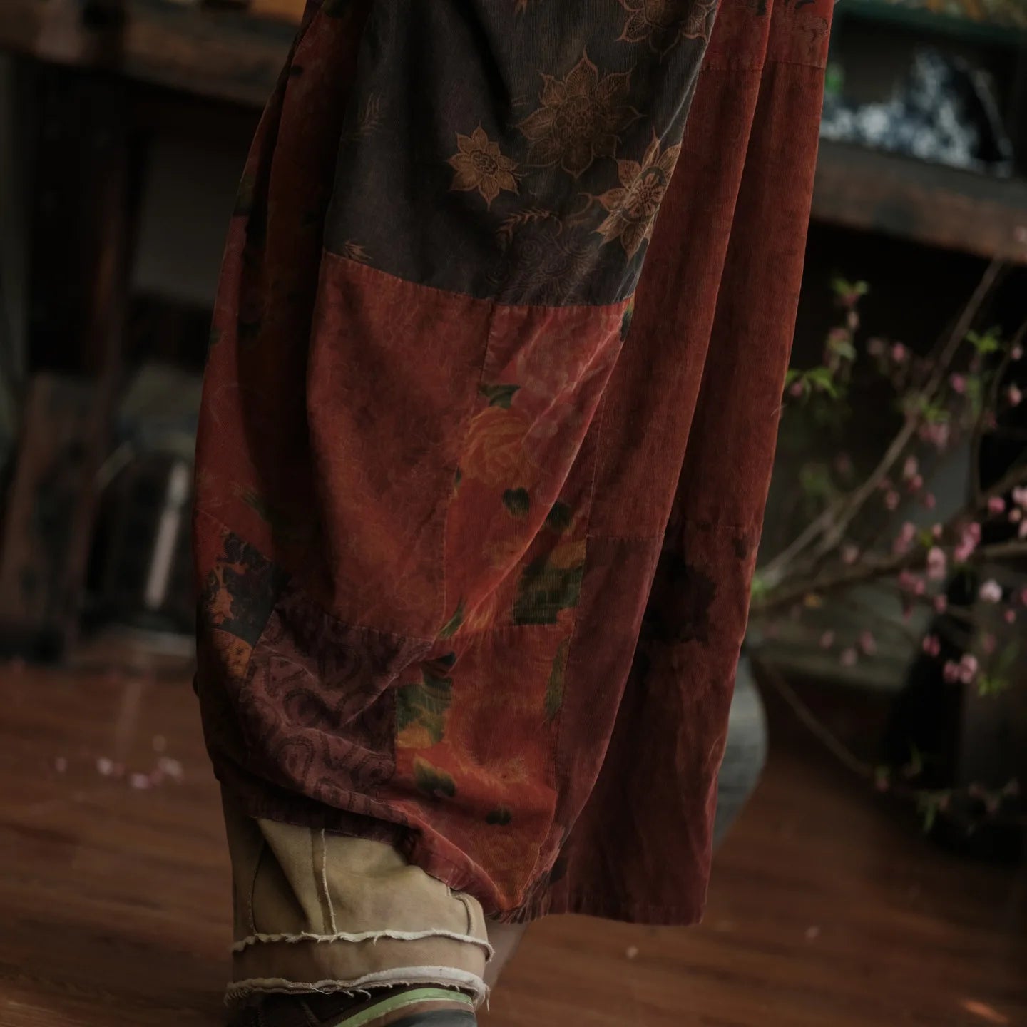 Vintage Patchwork Linen Dress Batwing Sleeve V-Neck Women