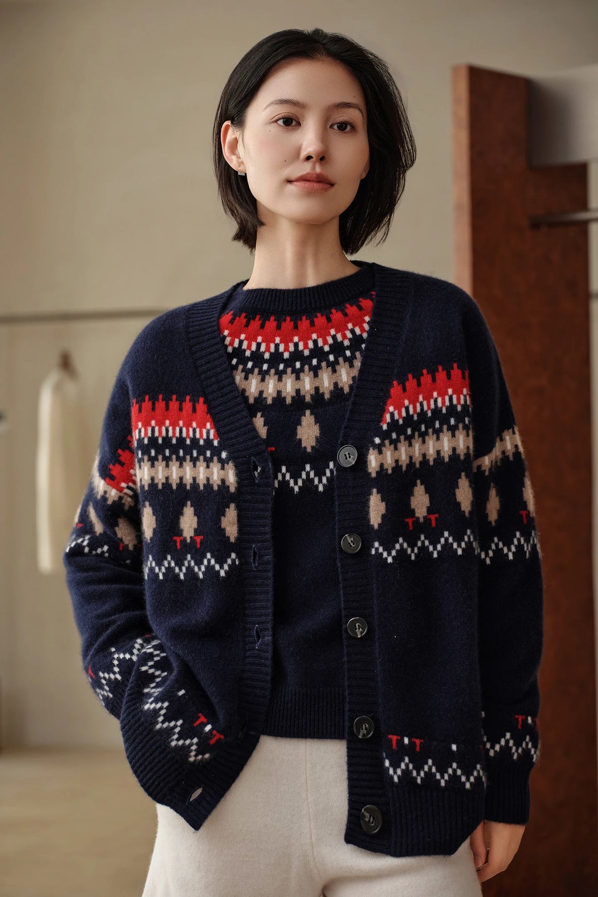Cashmere V-Neck Fair Isle Cardigan Women