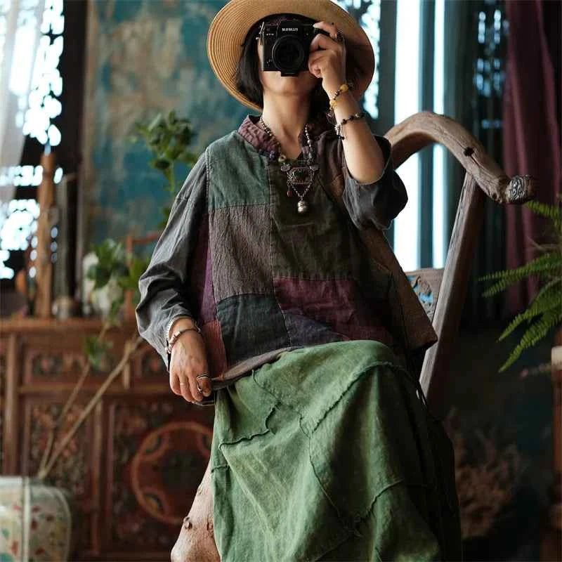 women_fashion - littlescollectionblouseVintage Patchwork Cotton Linen High Collar Top Womenboho top