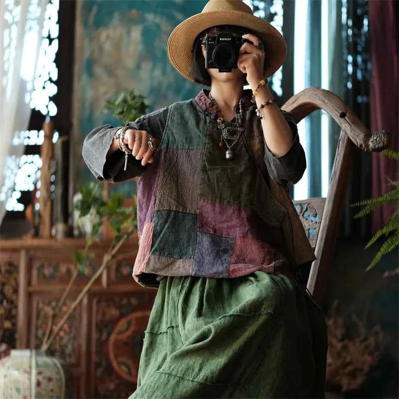 women_fashion - littlescollectionblouseVintage Patchwork Cotton Linen High Collar Top Womenboho top