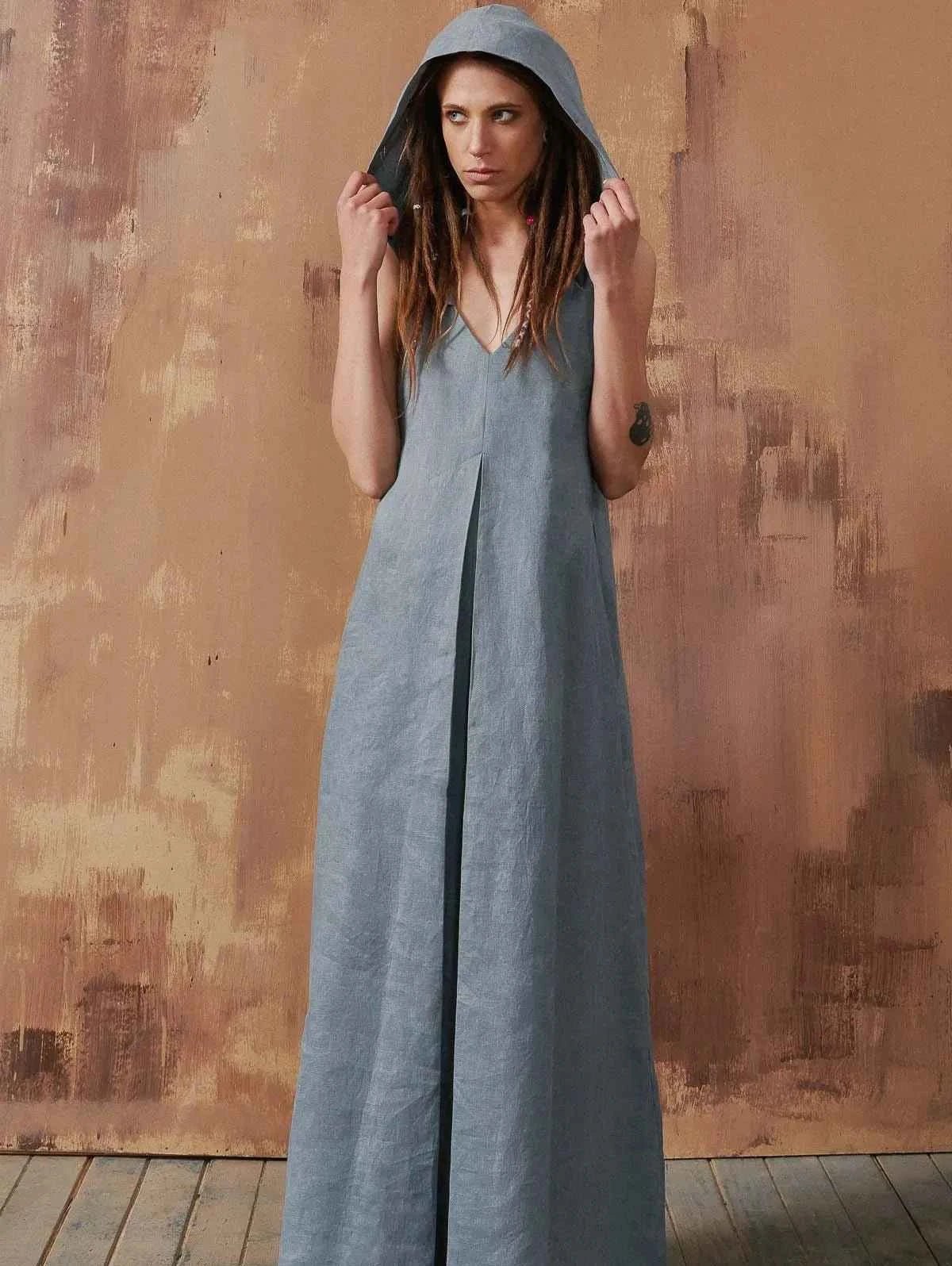 BohoLittlesEdit - Long dress - Hooded Sleeveless Pleated Cotton Maxi Dress Women