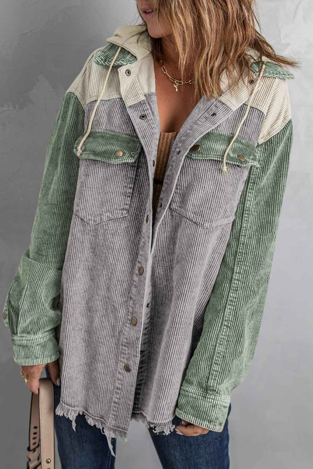 BohoLittlesEdit - Hoody - Hooded Corduroy Shacket with Drawstring Pockets Women