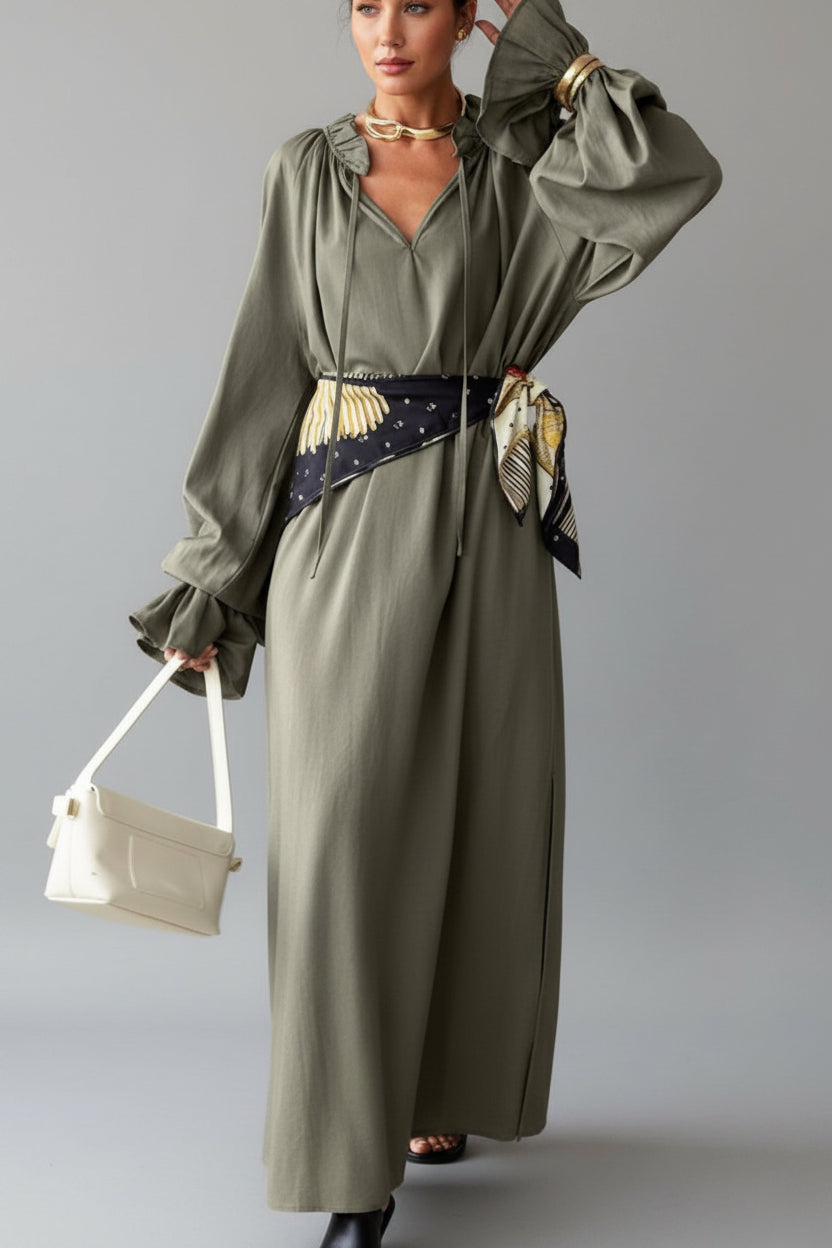 Tie Neck Flounce Sleeve Maxi Dress Women&