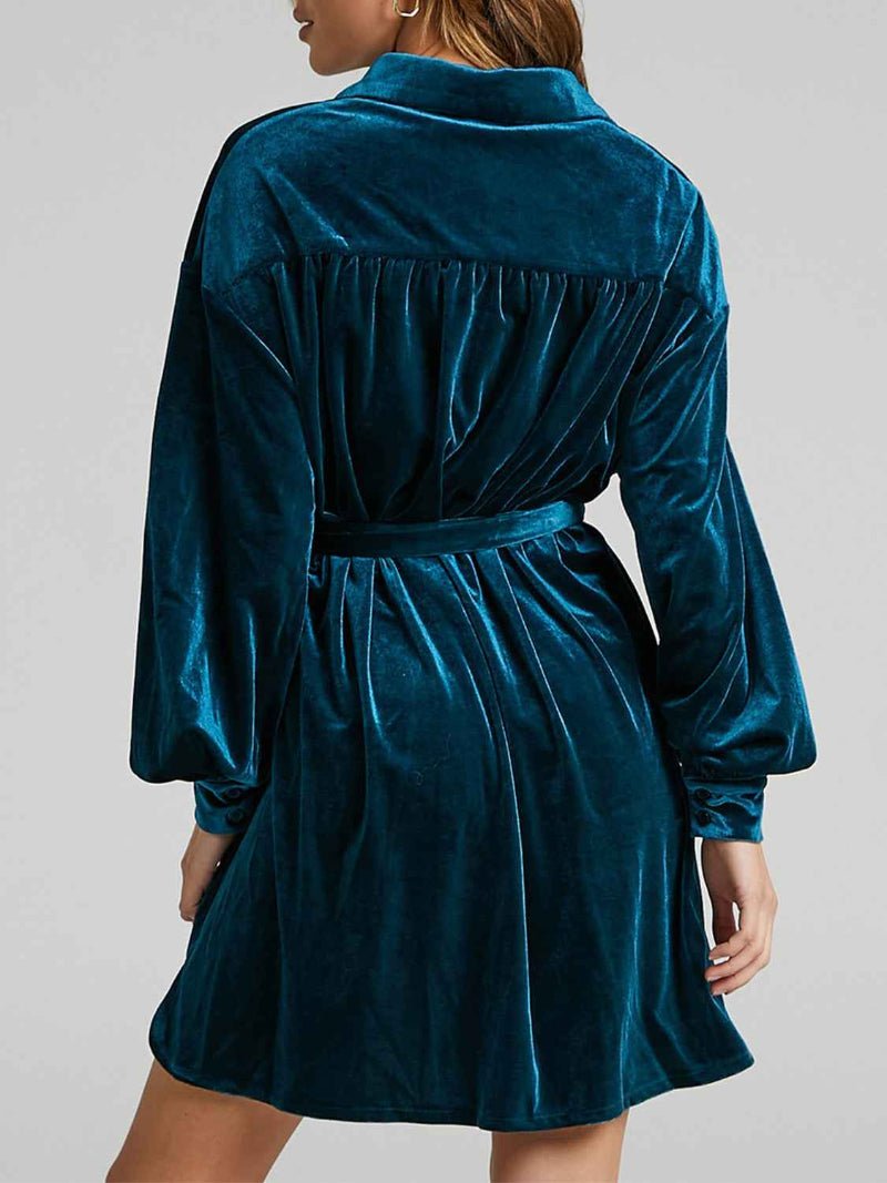 women_fashion - littlescollectionEvening GownVelvet Mini Shirt Dress Collar Pocket Womenmini dress