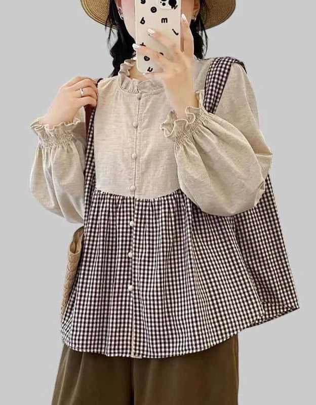 women_fashion - littlescollectionJNT Fungus Trim Collar Plaid Vintage Cotton Retro Blouseblouse for women