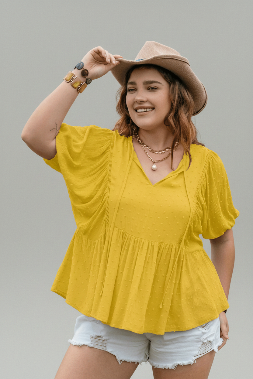 women_fashion - littlescollectionblouseSwiss Dot Tie Neck Short Sleeve Blouse Womencurve - fashion