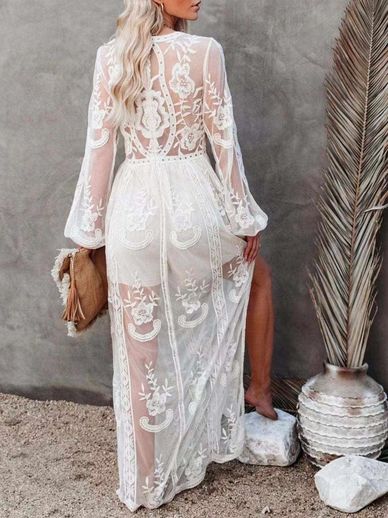 Floral Lace Slit Maxi Dress in White - Women