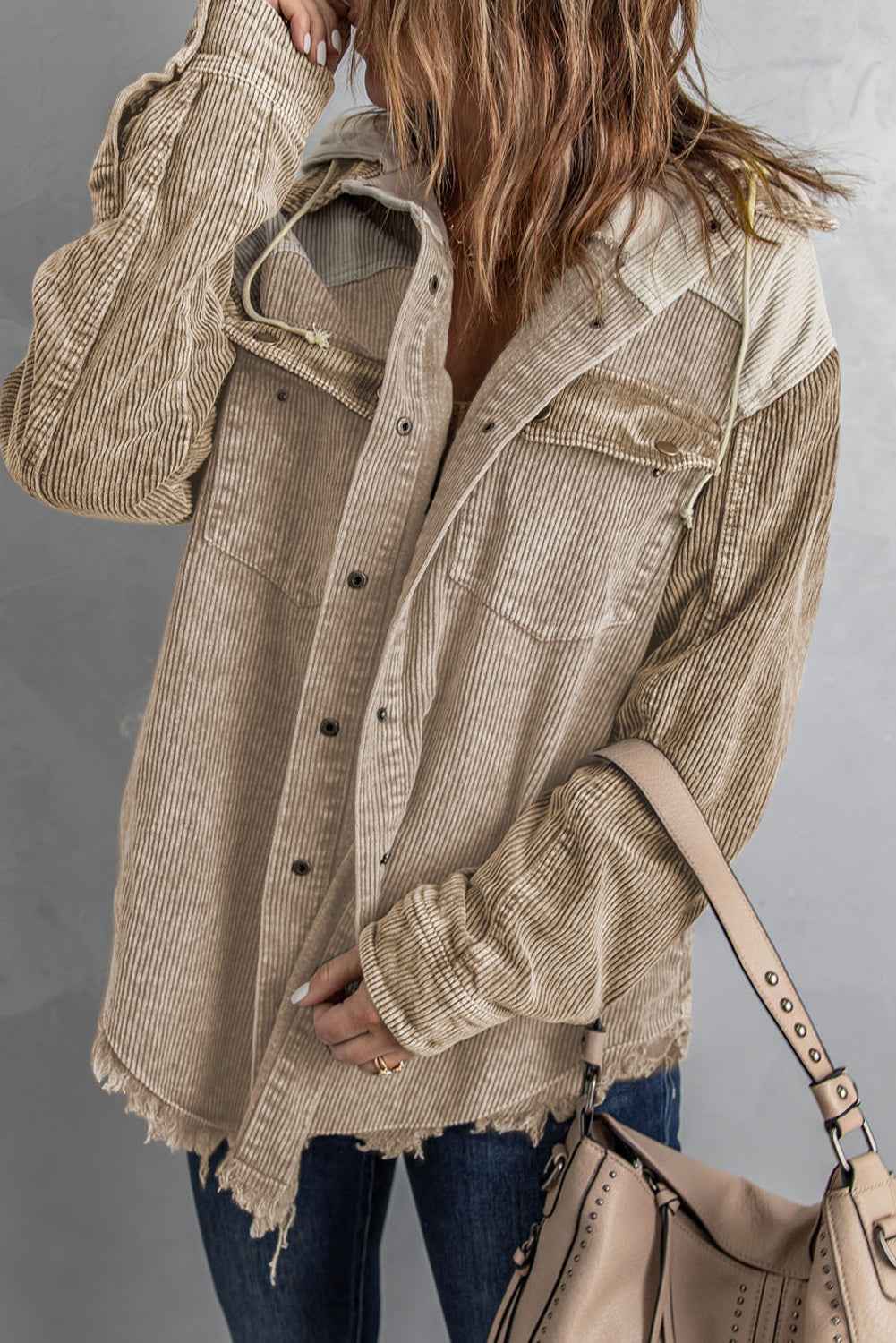 BohoLittlesEdit - Hoody - Hooded Corduroy Shacket with Drawstring Pockets Women