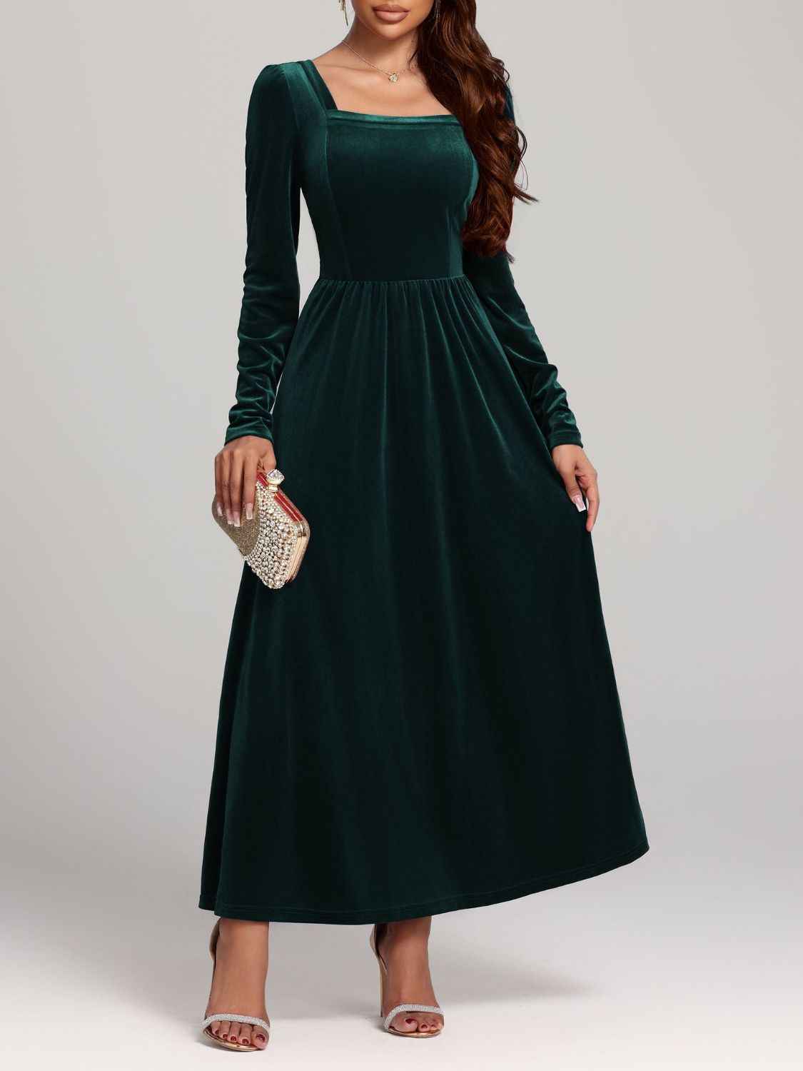 BohoLittlesEdit - Dress - Velvet Square Neck Maxi Dress Long Sleeve Women