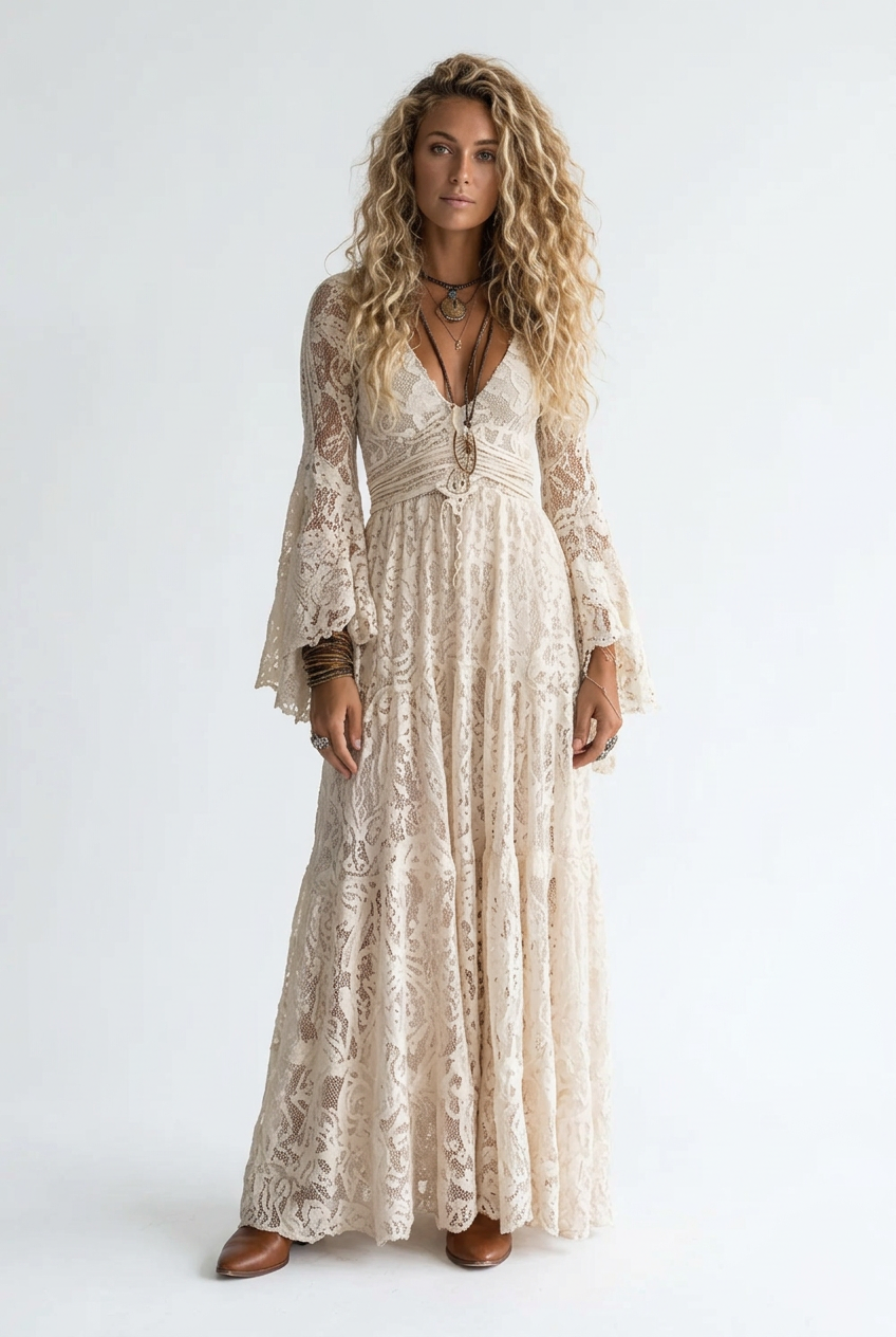V-Neck Lace Flare Sleeve Maxi Dress