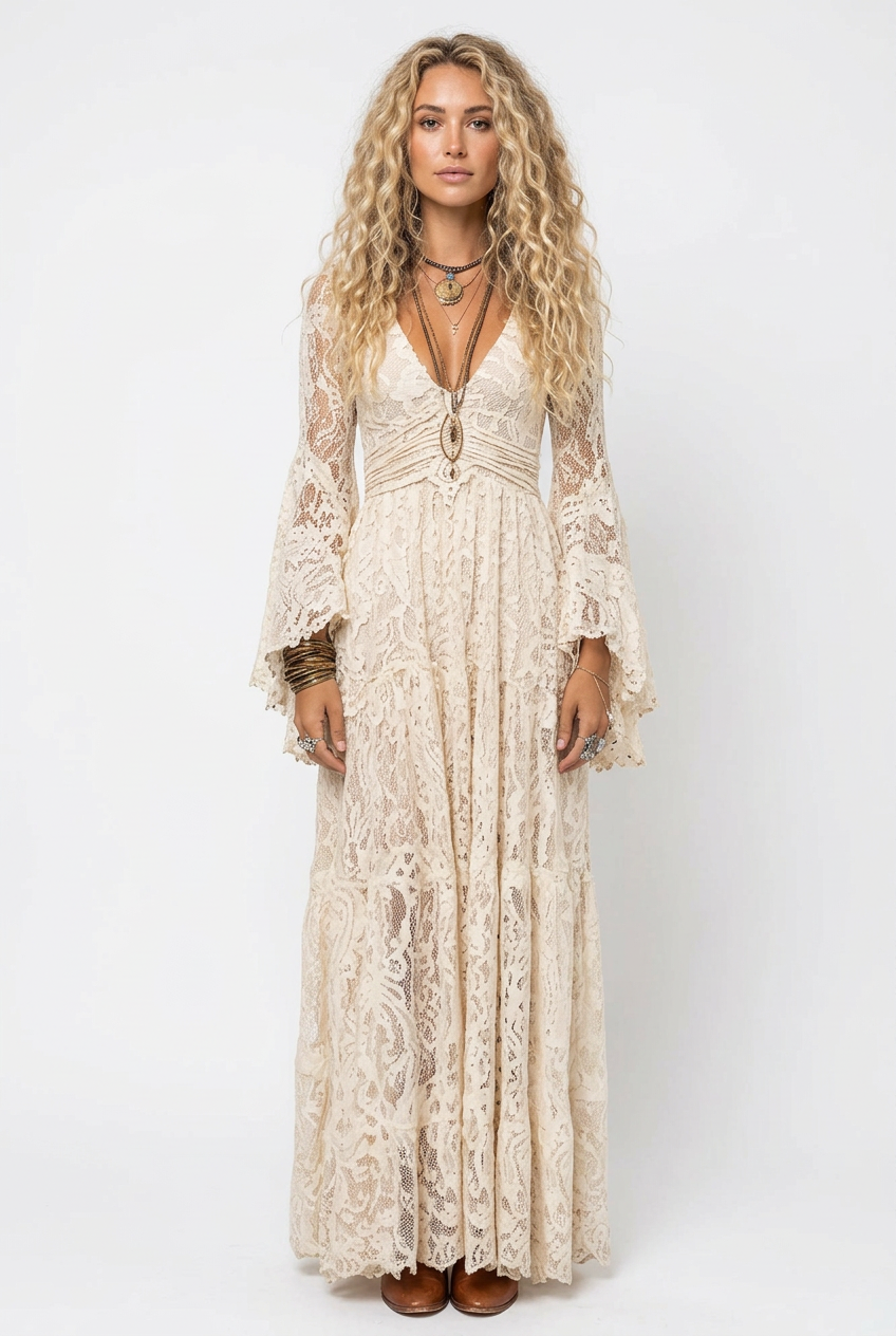 V-Neck Lace Flare Sleeve Maxi Dress