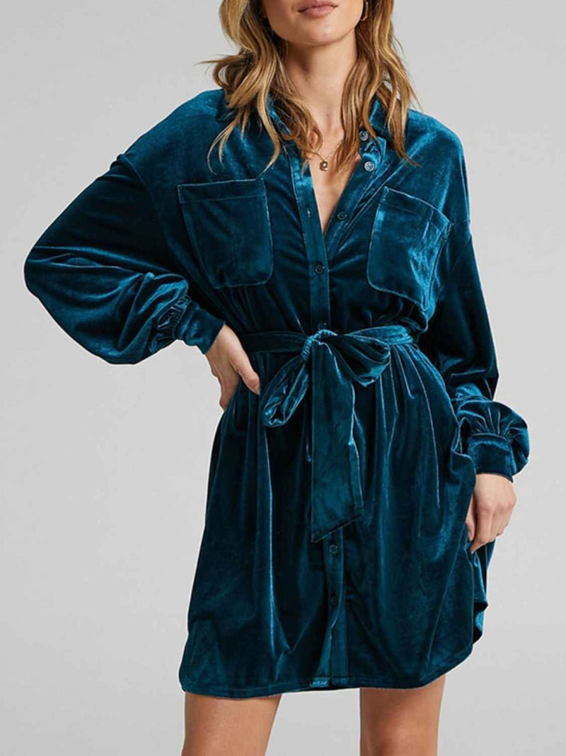 women_fashion - littlescollectionEvening GownVelvet Mini Shirt Dress Collar Pocket Womenmini dress