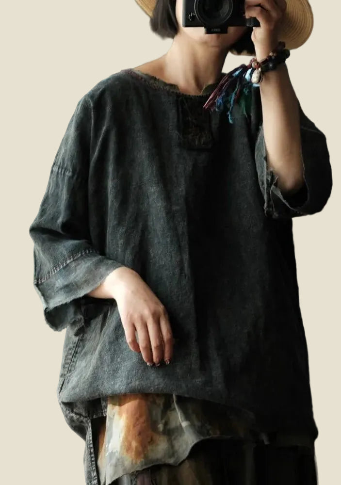 women_fashion - littlescollectionblouseVintage Embroidery Cotton Linen Tee and Skirt Set WomenChinese style top