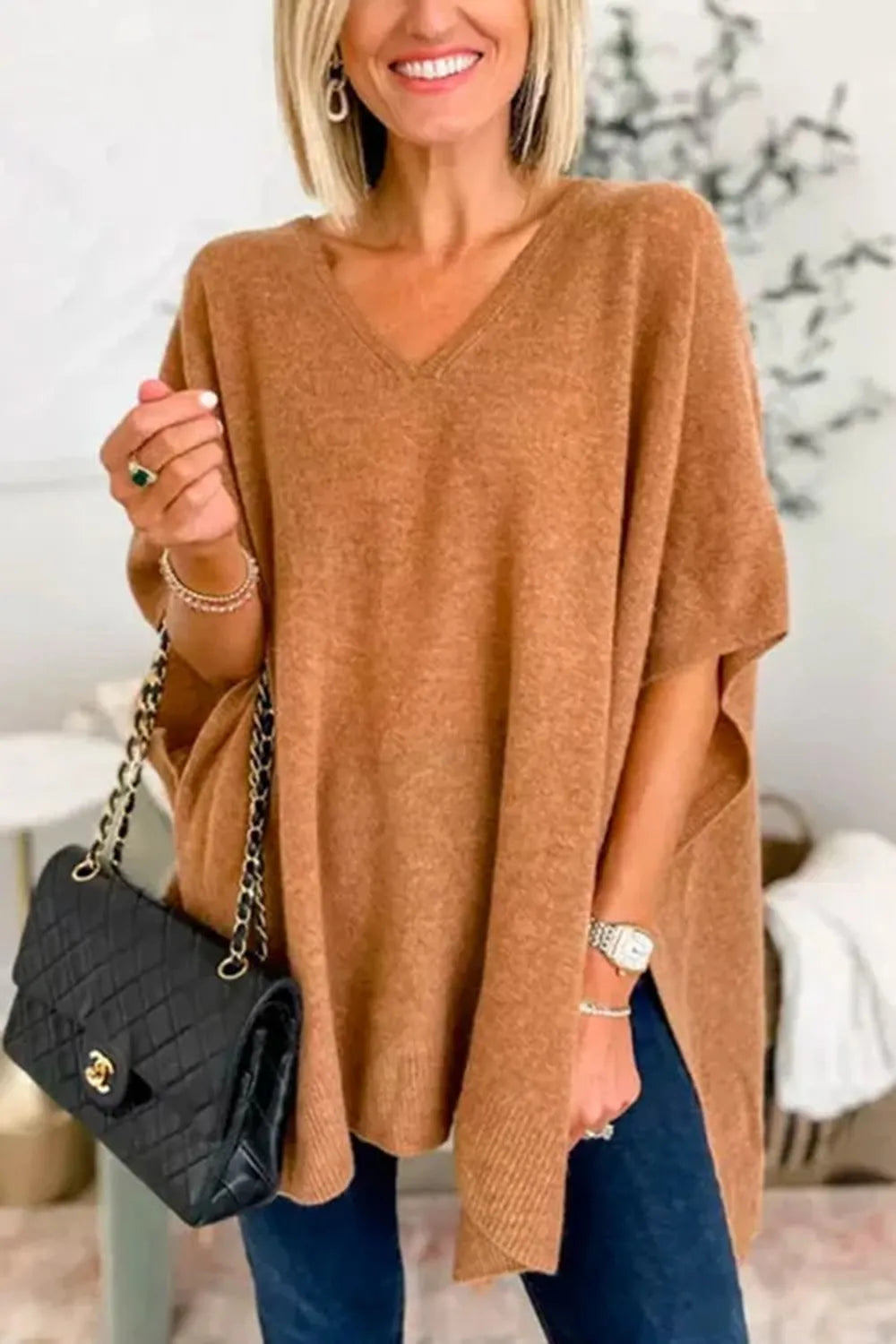 Woman wearing the Harper Slit V-Neck Half Sleeve Knit Top in a relaxed fit, perfect for everyday casual outfits, work, and weekend wear.