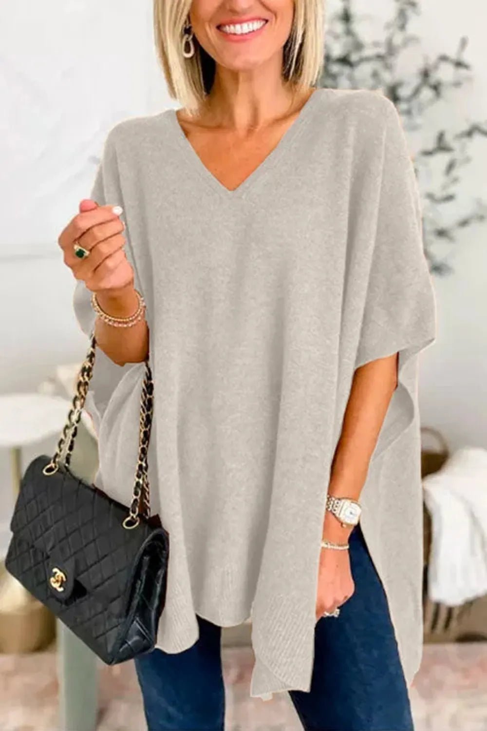 BohoLittlesEdit - Poncho sweater - Harper Slit V-Neck Poncho Knit Sweater Women