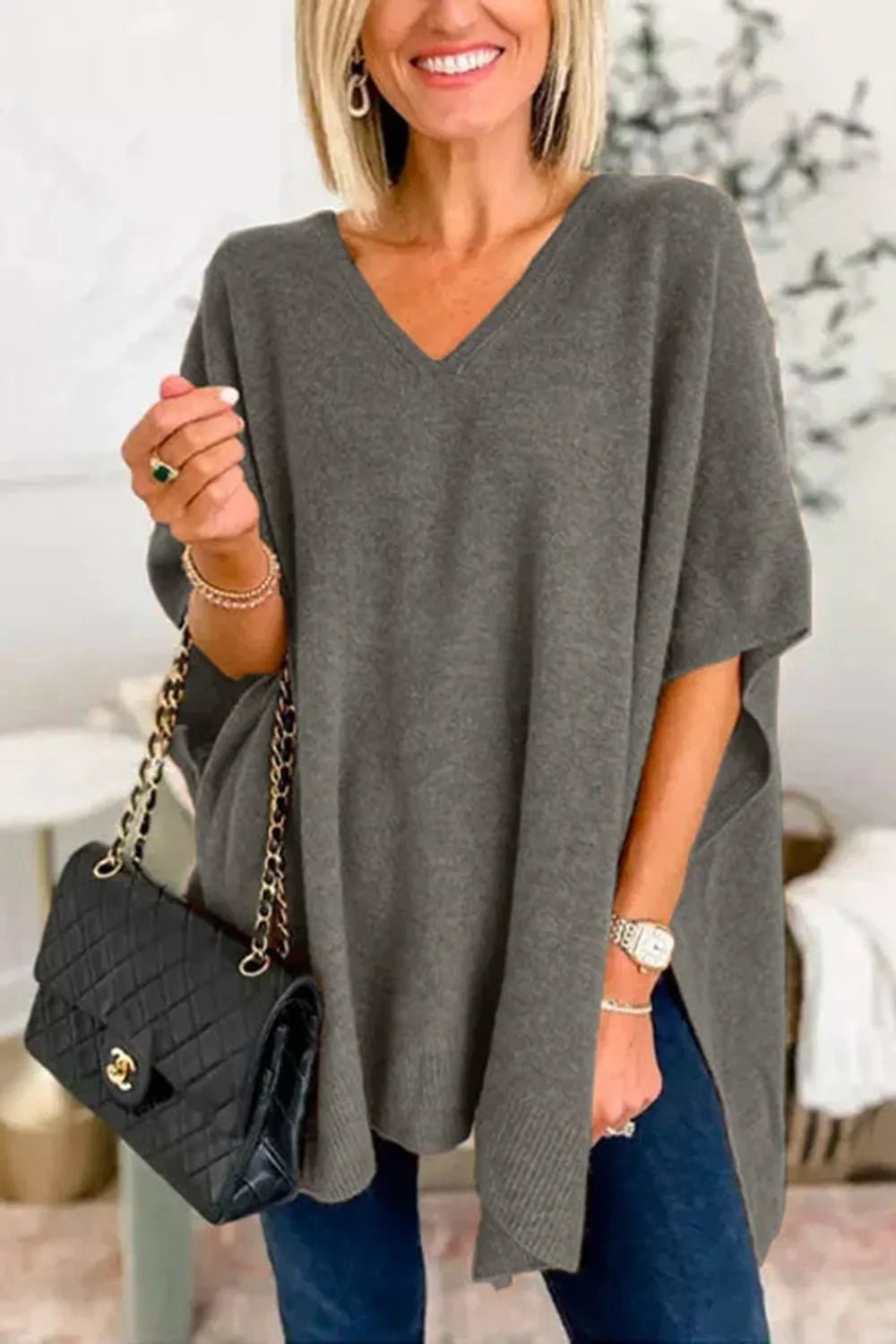 BohoLittlesEdit - Poncho sweater - Harper Slit V-Neck Poncho Knit Sweater Women