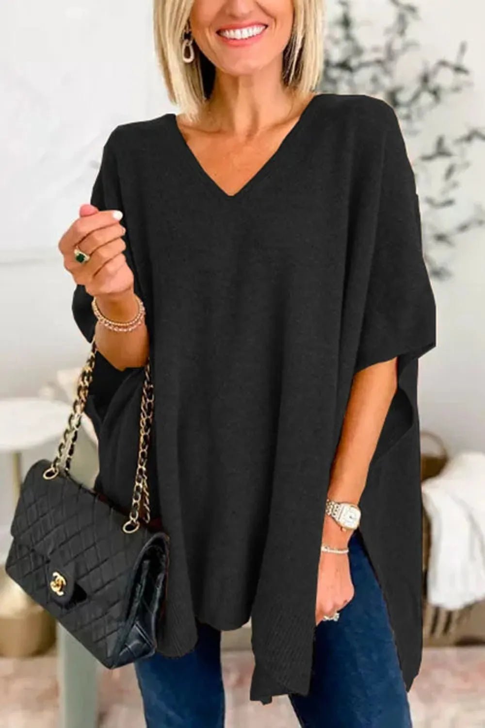 BohoLittlesEdit - Poncho sweater - Harper Slit V-Neck Poncho Knit Sweater Women