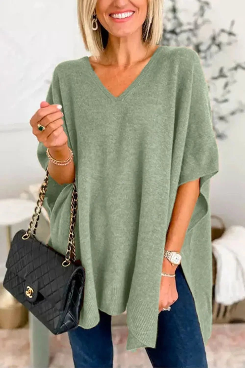 BohoLittlesEdit - Poncho sweater - Harper Slit V-Neck Poncho Knit Sweater Women