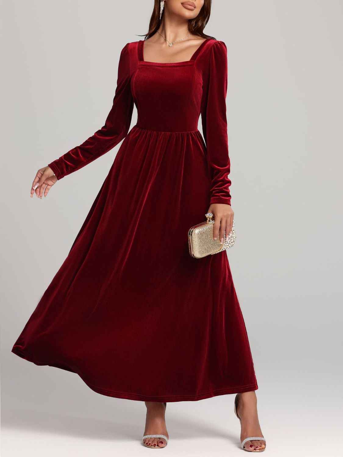 BohoLittlesEdit - Dress - Velvet Square Neck Maxi Dress Long Sleeve Women