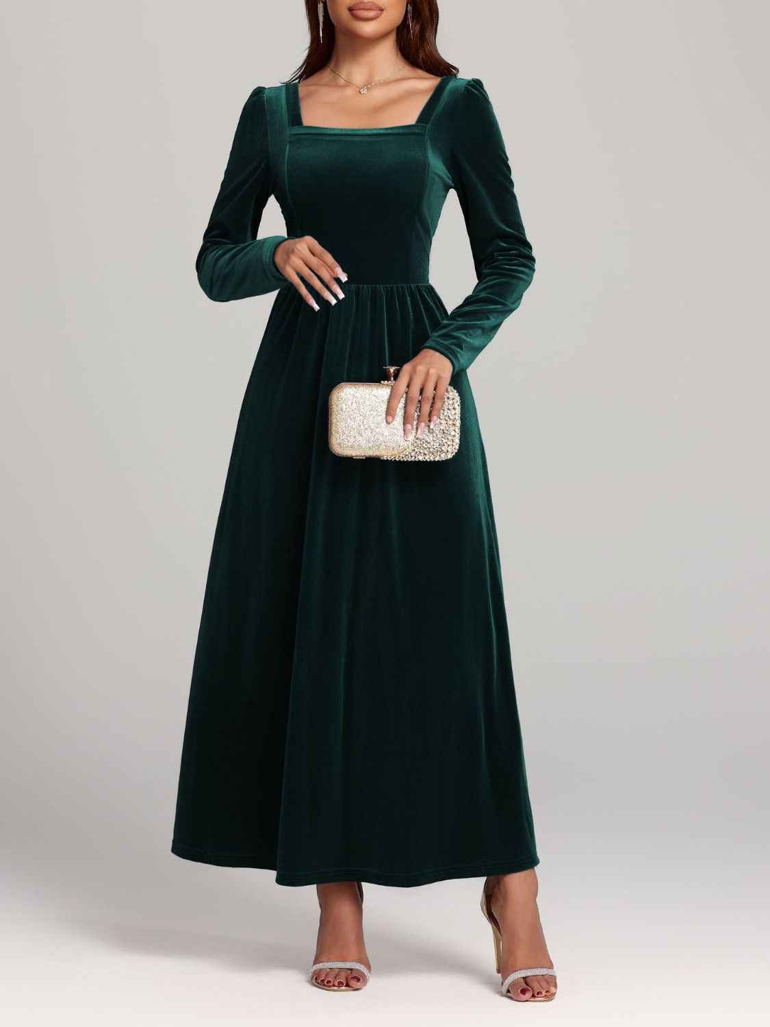 BohoLittlesEdit - Dress - Velvet Square Neck Maxi Dress Long Sleeve Women