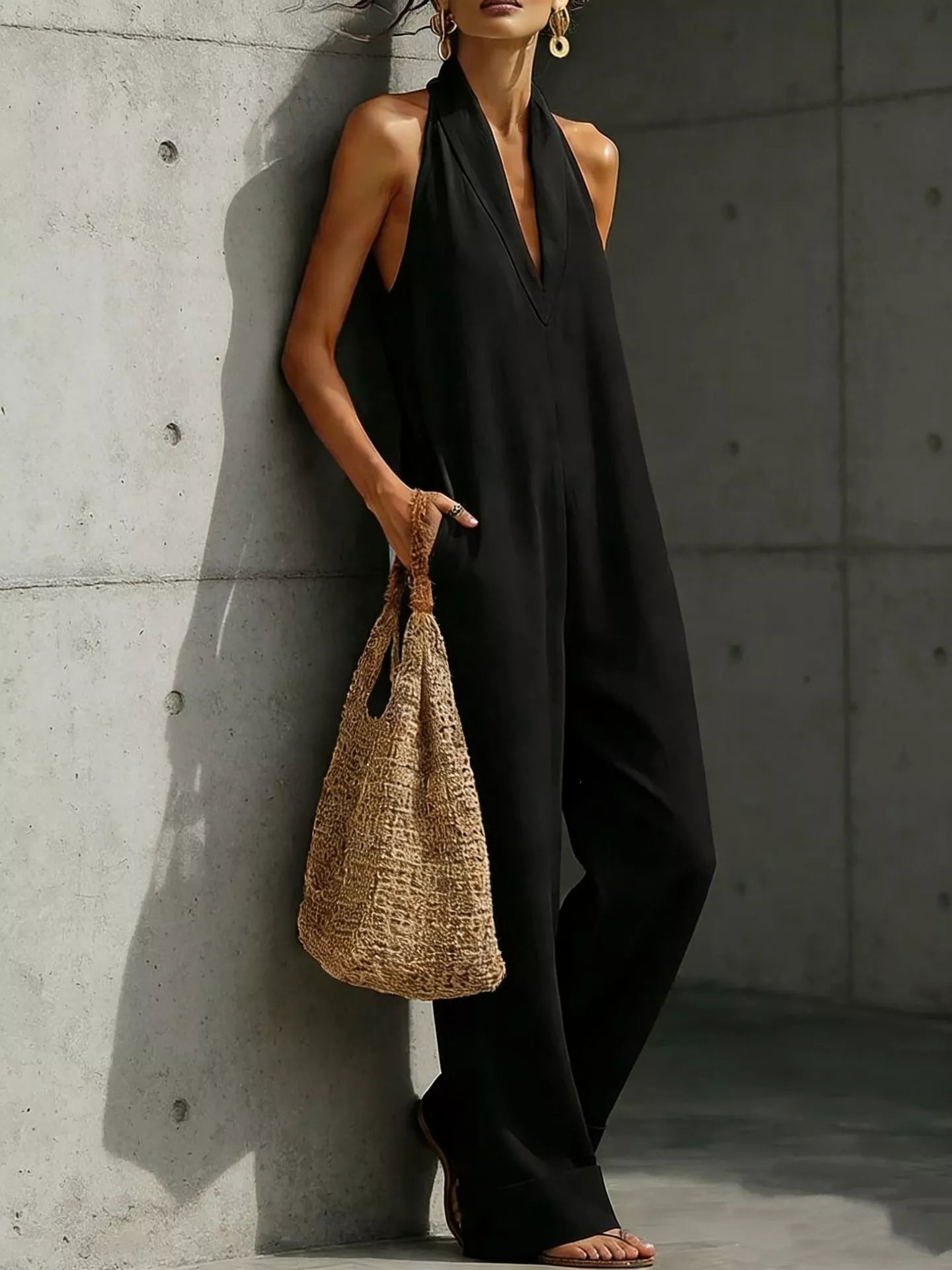 A woman wearing a black sleeveless halter jumpsuit leans against a concrete wall, holding a woven straw tote bag.