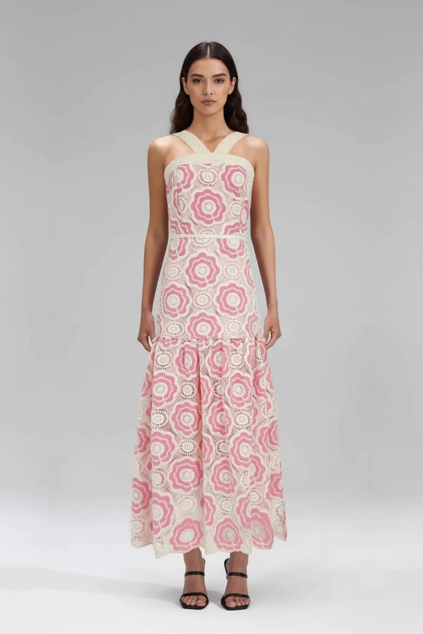 cotton pink dress halter neck midi