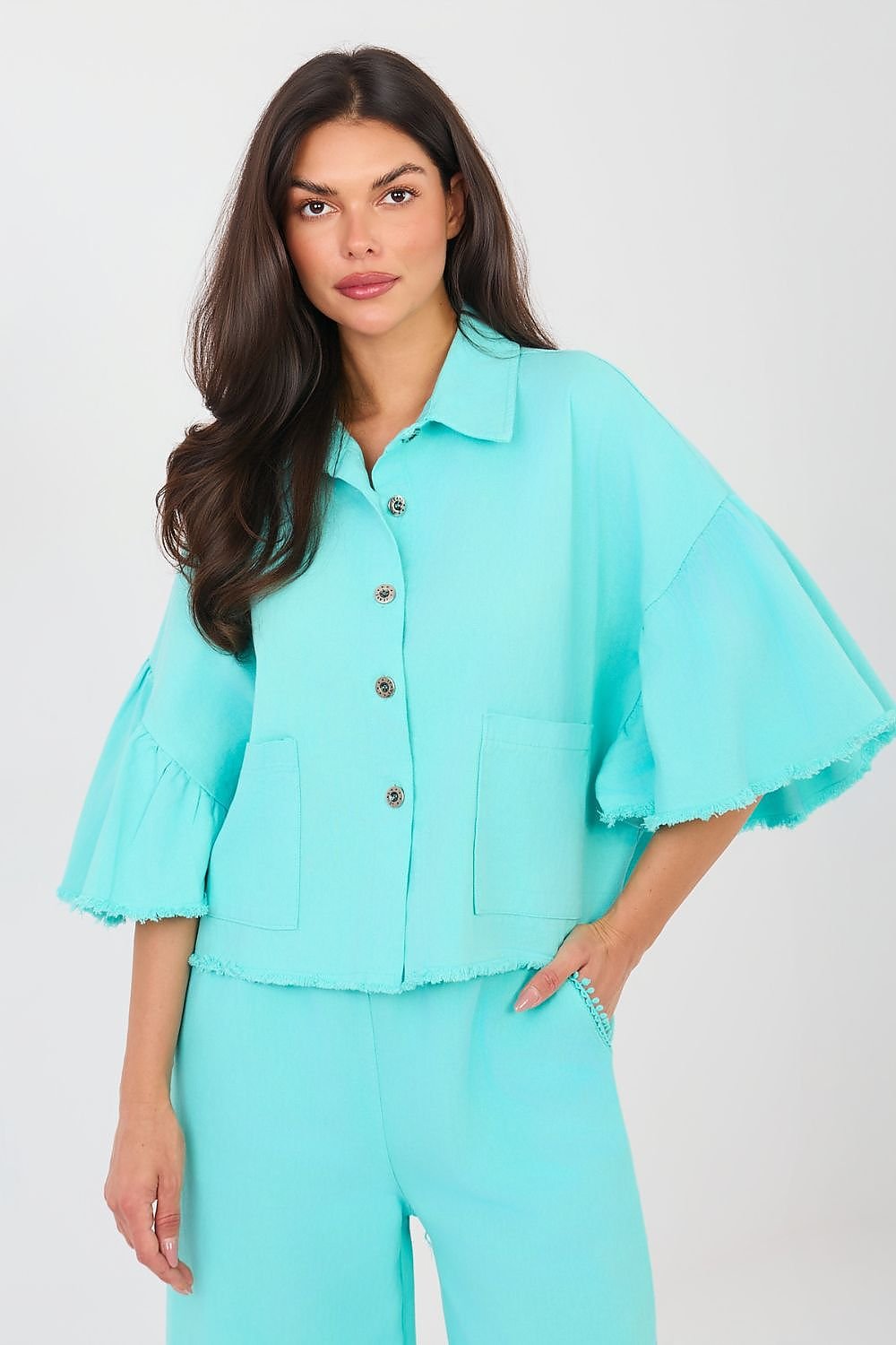 women_fashion - littlescollectionDenim JacketsDenim Cropped Ruffle Sleeve Cotton Jacket WomenMatterhorn_Color_blue