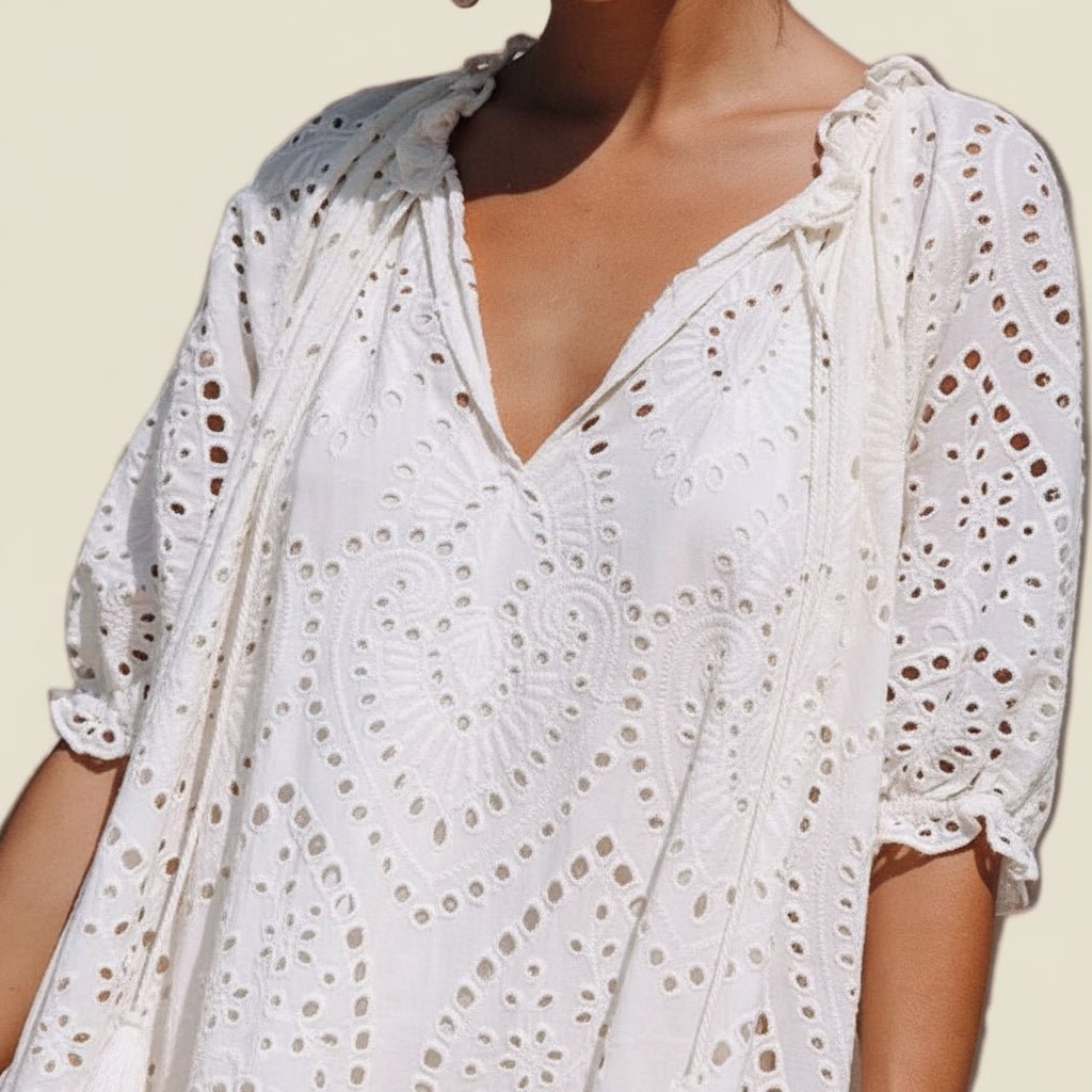 women_fashion - littlescollectionElara Tie Neck Tiered White Dress Womencotton dress