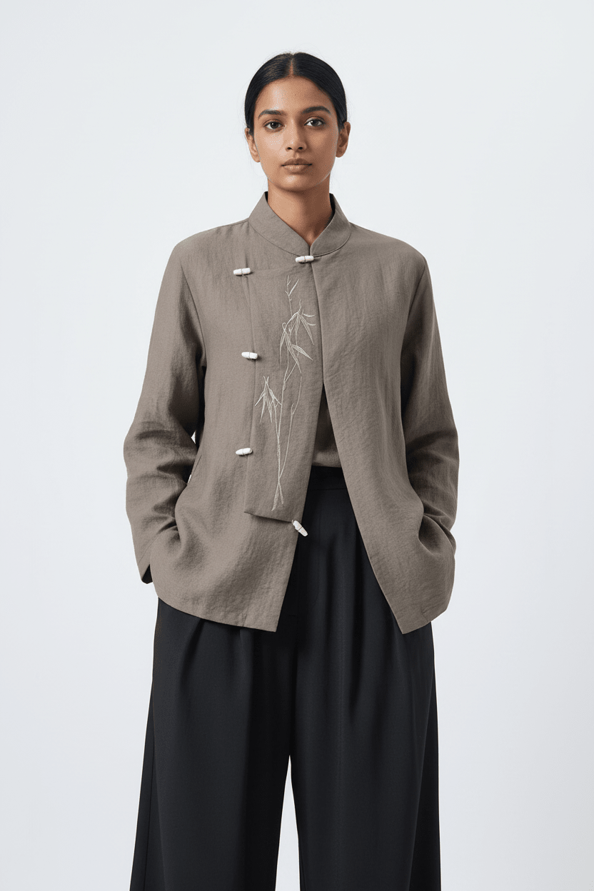 A model wearing a taupe-brown linen jacket with a mandarin collar, decorative wooden toggle closures, and white bamboo embroidery on the front, paired with black wide-leg trousers, against a light gray studio background.