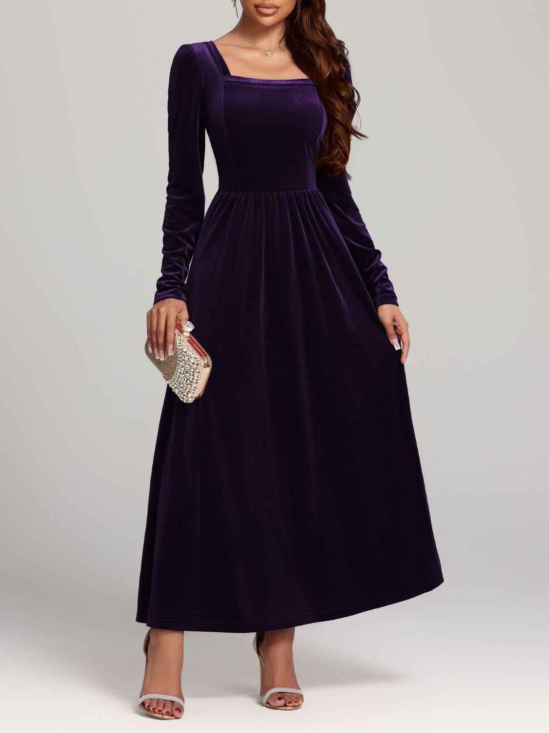 BohoLittlesEdit - Dress - Velvet Square Neck Maxi Dress Long Sleeve Women