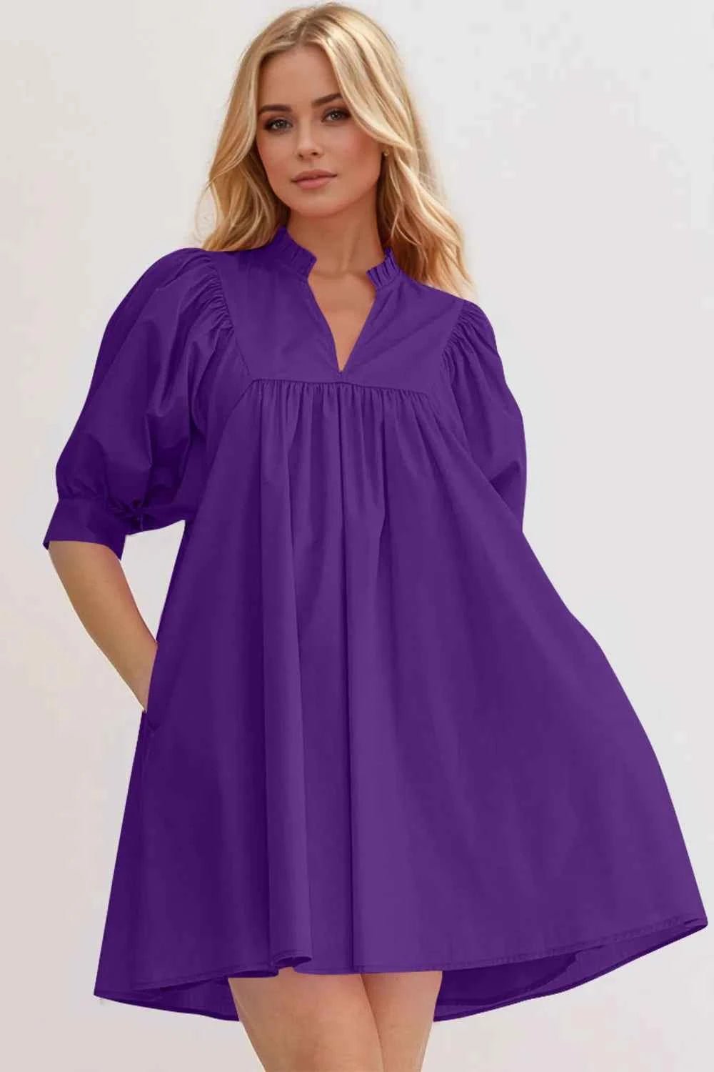 women_fashion - littlescollectionCotton dressFrill Notched Puff Sleeve Babydoll Mini Cotton DressBaggy dress cotton