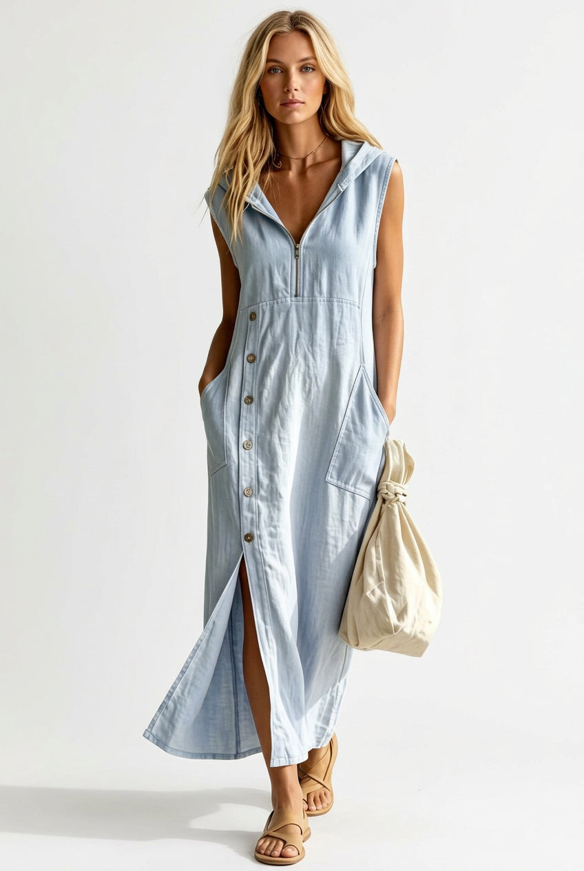 A woman wearing a light blue sleeveless midi dress with a front zipper, button-down front, and side pockets, standing outdoors next to a white picket fence and holding a beige tote bag.