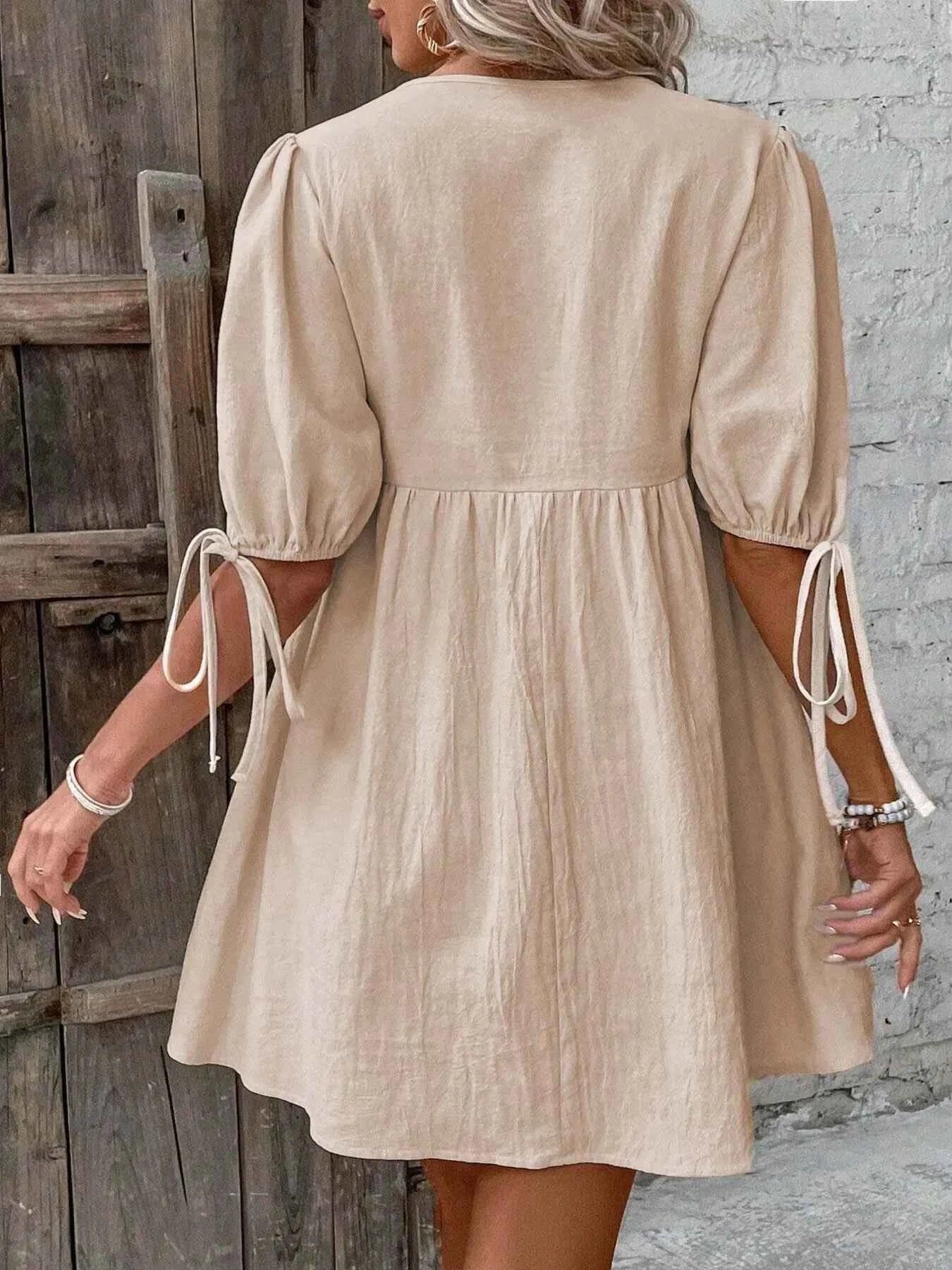 women_fashion - littlescollectionCotton dressV - Neck Tie - Front Mini Dress with Puff Sleeveslittlescollection