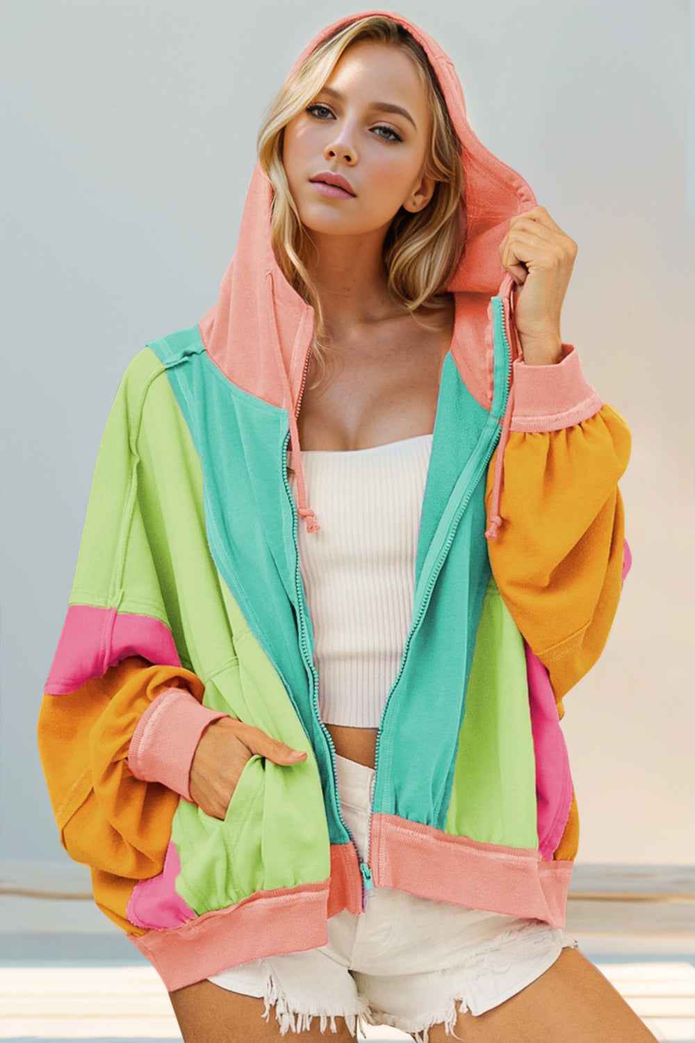 BohoLittlesEdit - Hoody - Color Block Dropped Shoulder Cotton Hoodie Women