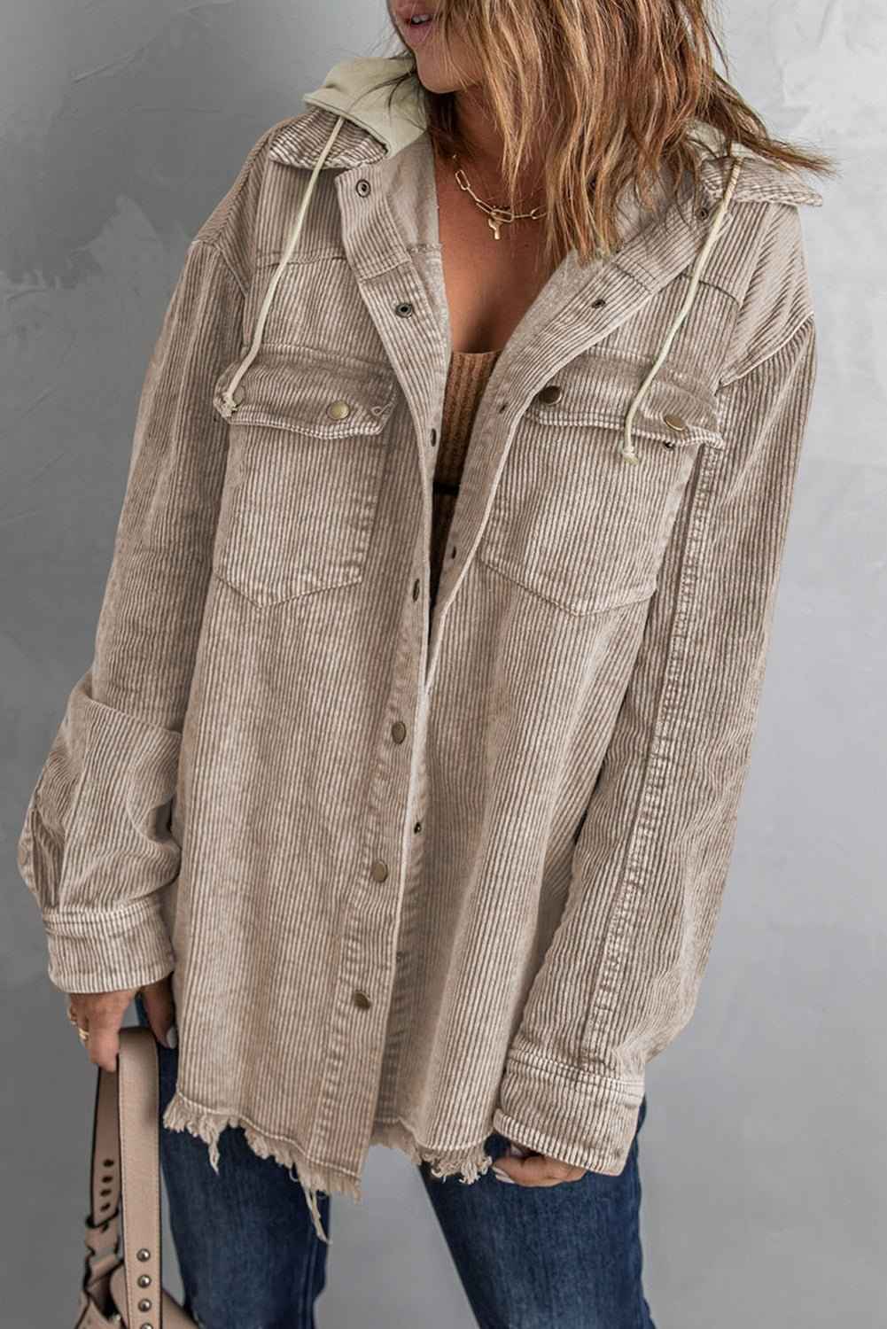 women_fashion - littlescollectionHoodyHooded Corduroy Shacket with Drawstring Pockets Womencorduroy shacket