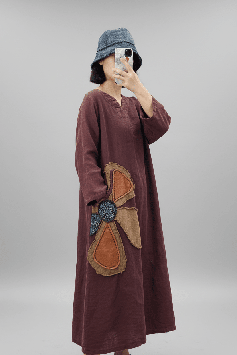 BohoLittlesEdit - Dress - Linen V-Neck Floral Applique Midi Dress Women