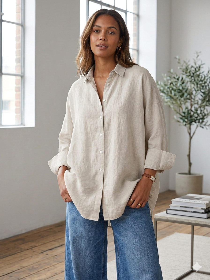 A woman wearing a beige linen full-sleeved shirt and pants in a bright room.