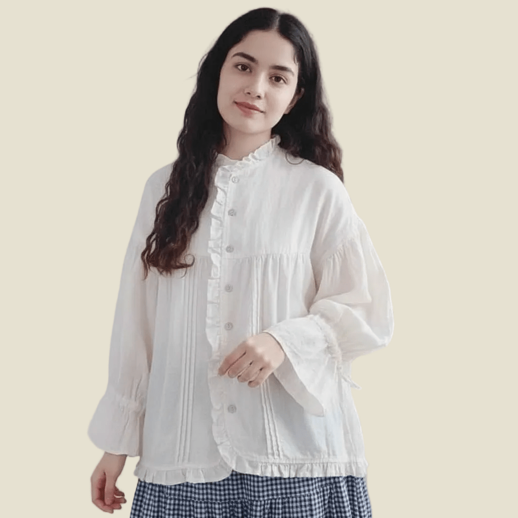 BohoLittlesEdit - blouse - Linen Balloon Sleeve Blouse Irregular Hem Vintage Women