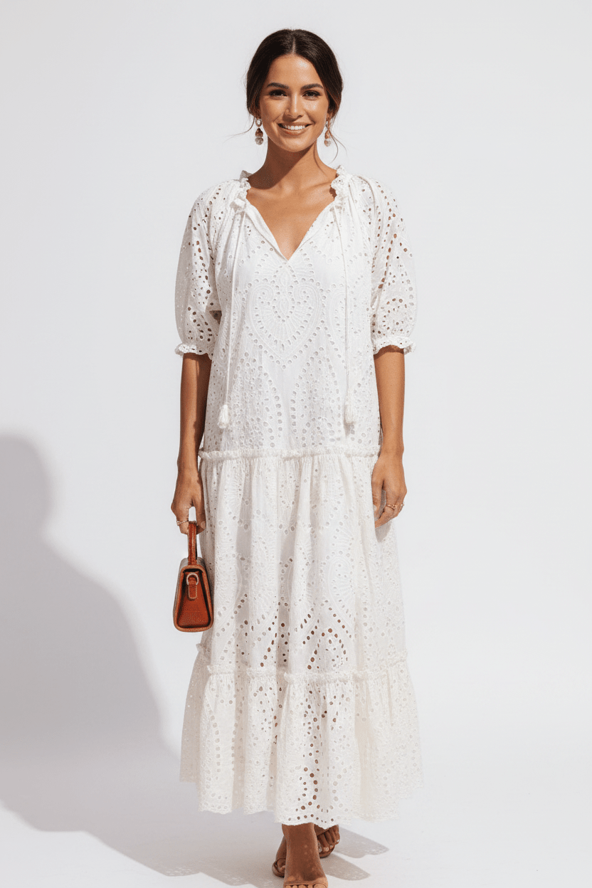women_fashion - littlescollectionElara Tie Neck Tiered White Dress Womencotton dress