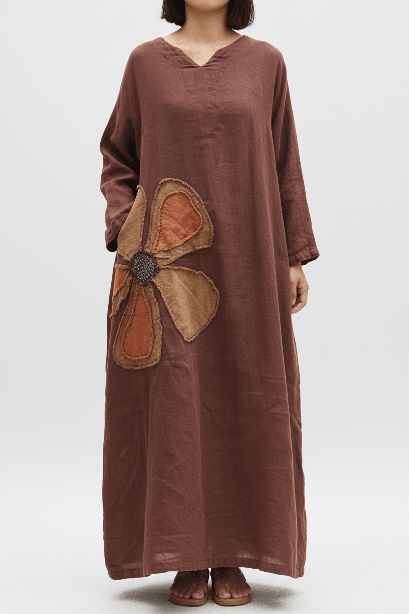 BohoLittlesEdit - Dress - Linen V-Neck Floral Applique Midi Dress Women