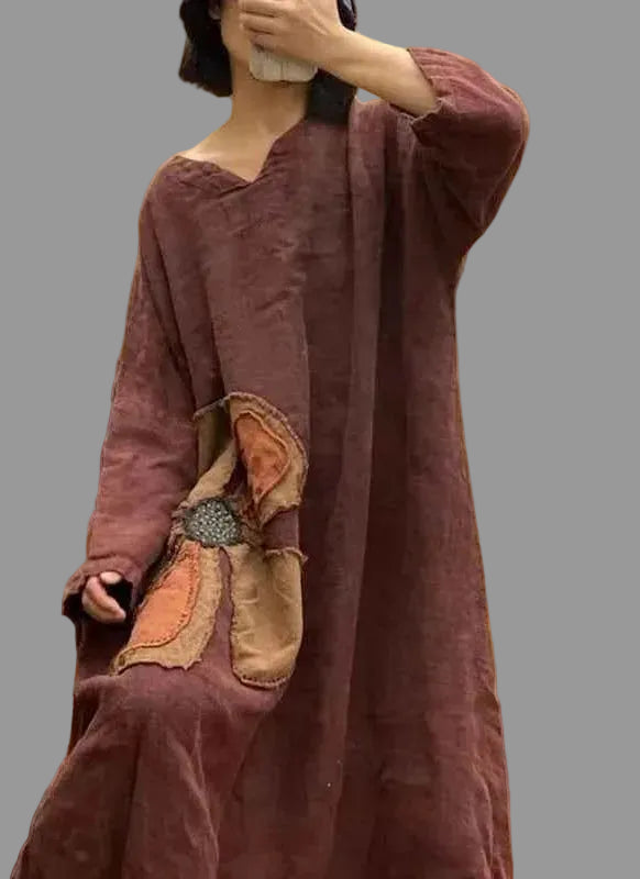 women_fashion - littlescollectionDressLinen V - Neck Floral Applique Midi Dress Womenfloral applique dress