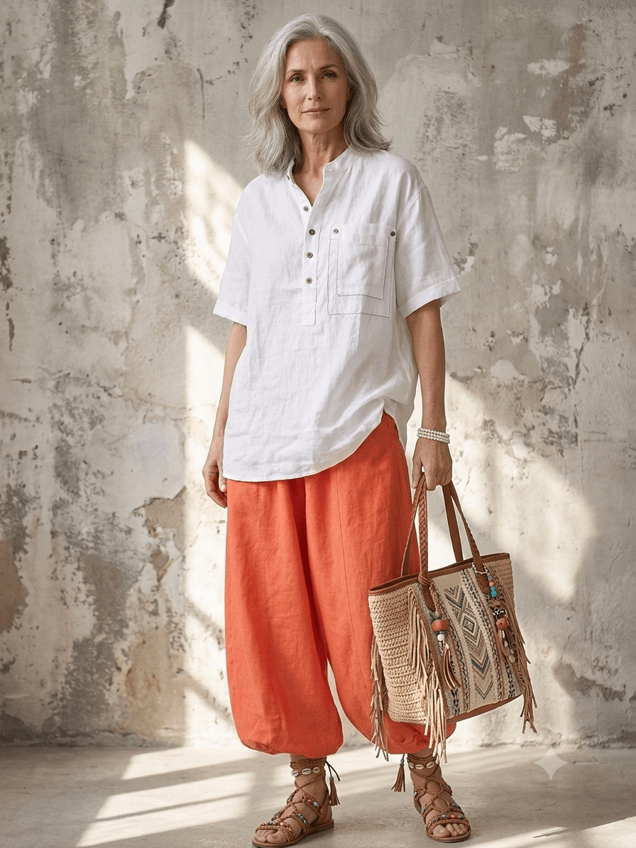 A woman stands against a textured concrete wall wearing a white short-sleeve button-front top, loose orange pants, and brown strappy sandals, while holding a woven tote bag with fringe and geometric patterns.