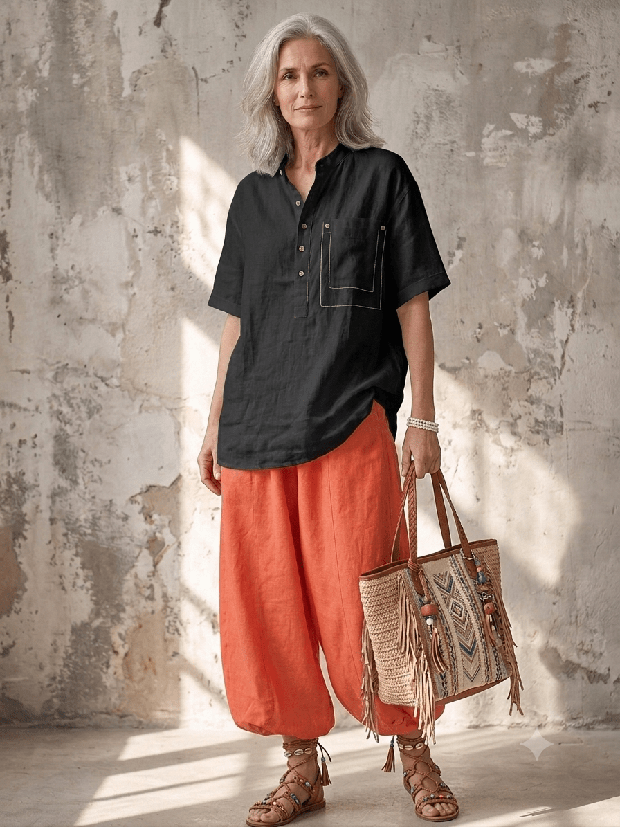 An older woman stands against a textured plaster wall wearing a black short-sleeve button-front shirt and bright orange wide-leg pants, holding a woven tote bag.