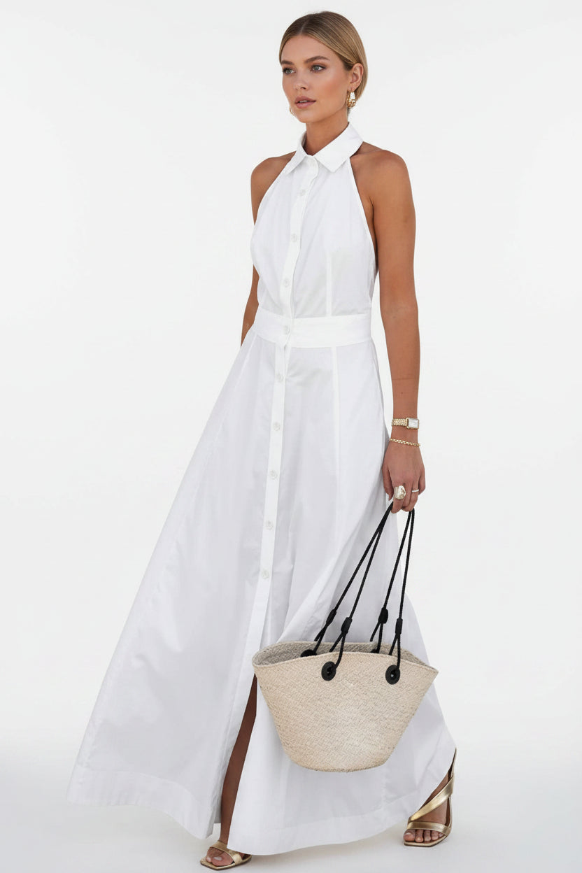Cotton dress, Backless Button UP, SHIRT COLLAR, sleeveless DRESS