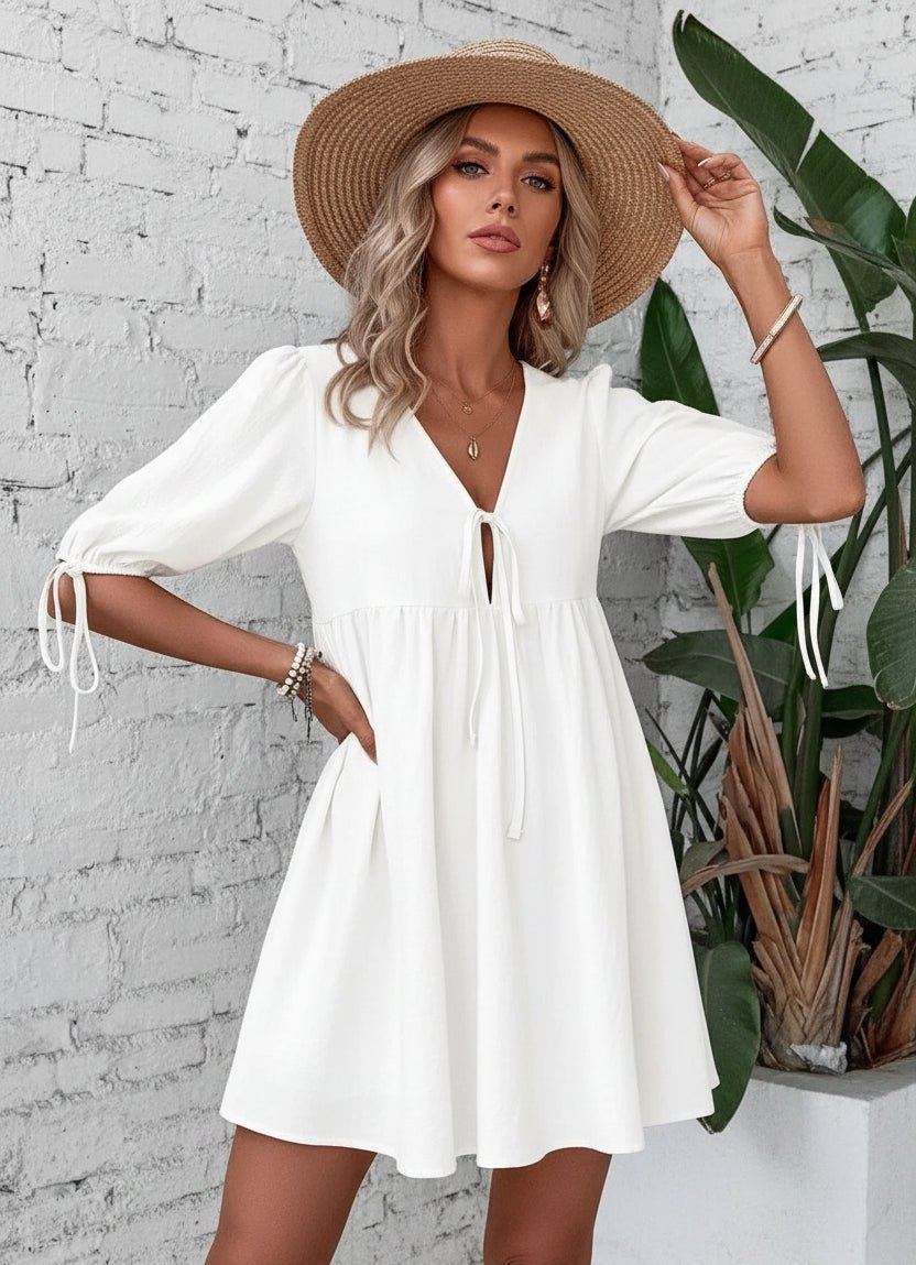 women_fashion - littlescollectionCotton dressV-Neck Tie-Front Mini Dress Puff Sleeves Womencotton dress