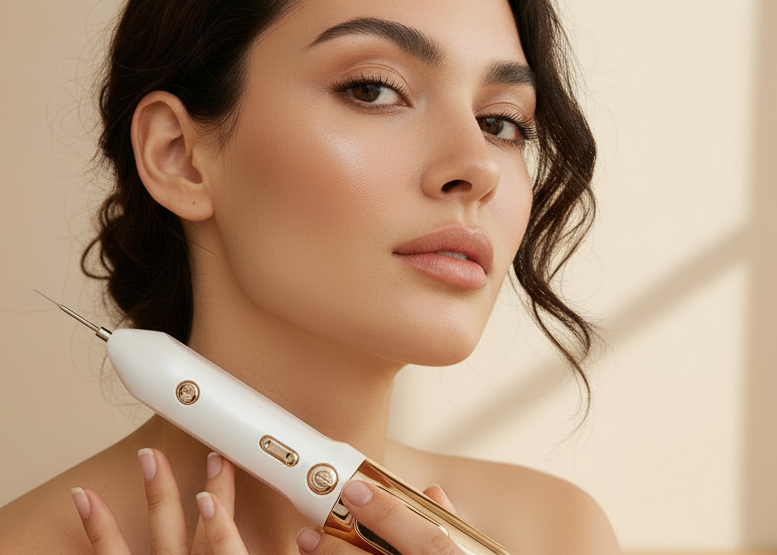 Woman holding a white electronic device near her face against a neutral background