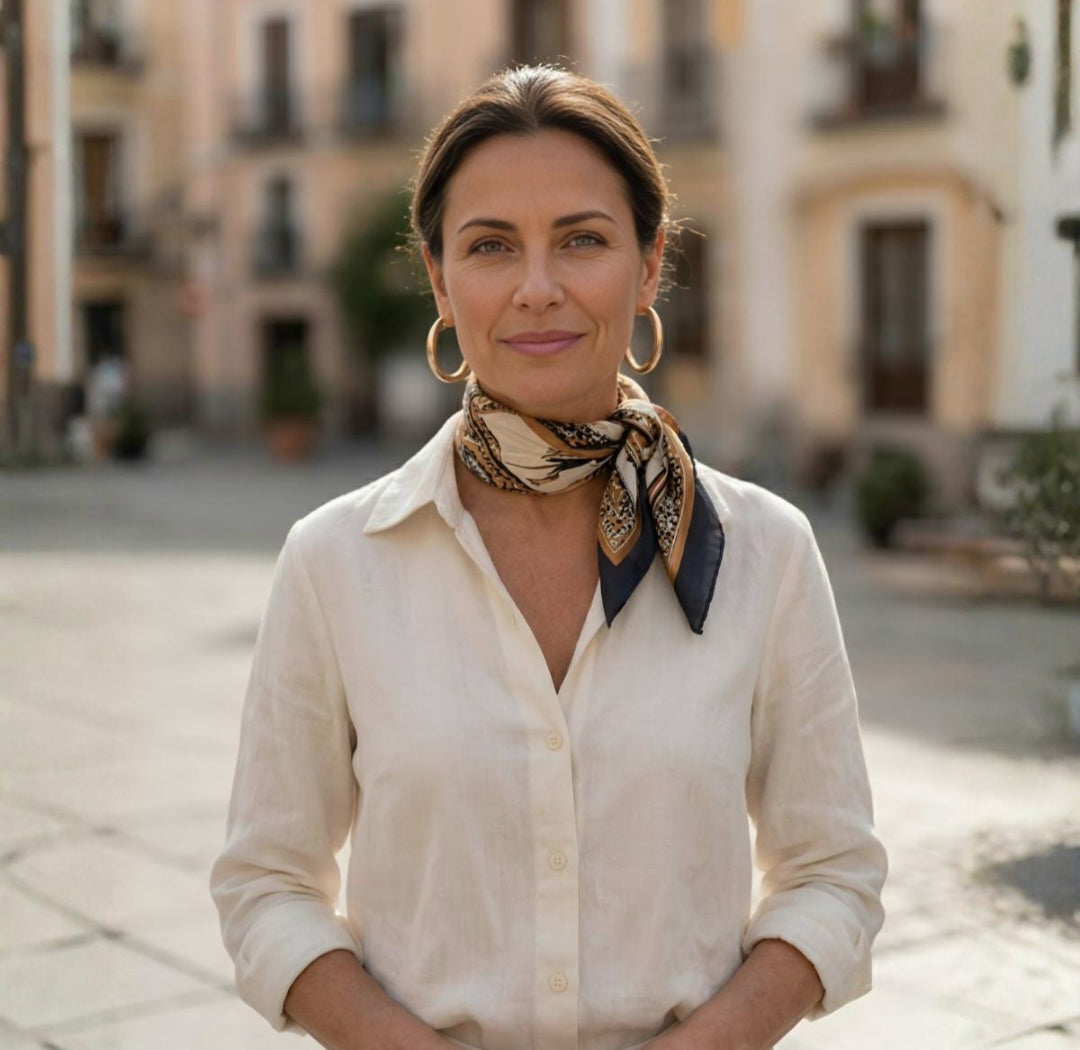 A women is showing her fashion sense wearing a base shirt, and a scarf tied around neck.